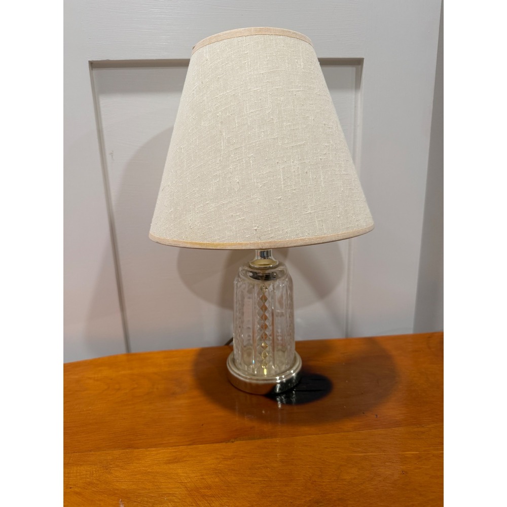 Vintage Cut Glass Table Lamp with Linen Shade Silver Base Traditional Nightstand